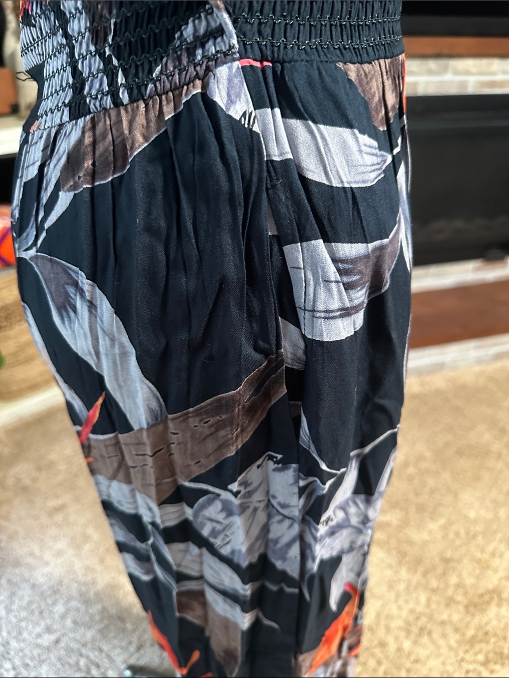 Strapless Black Floral Maxi Dress with Orange Accents - Picture 2 of 4